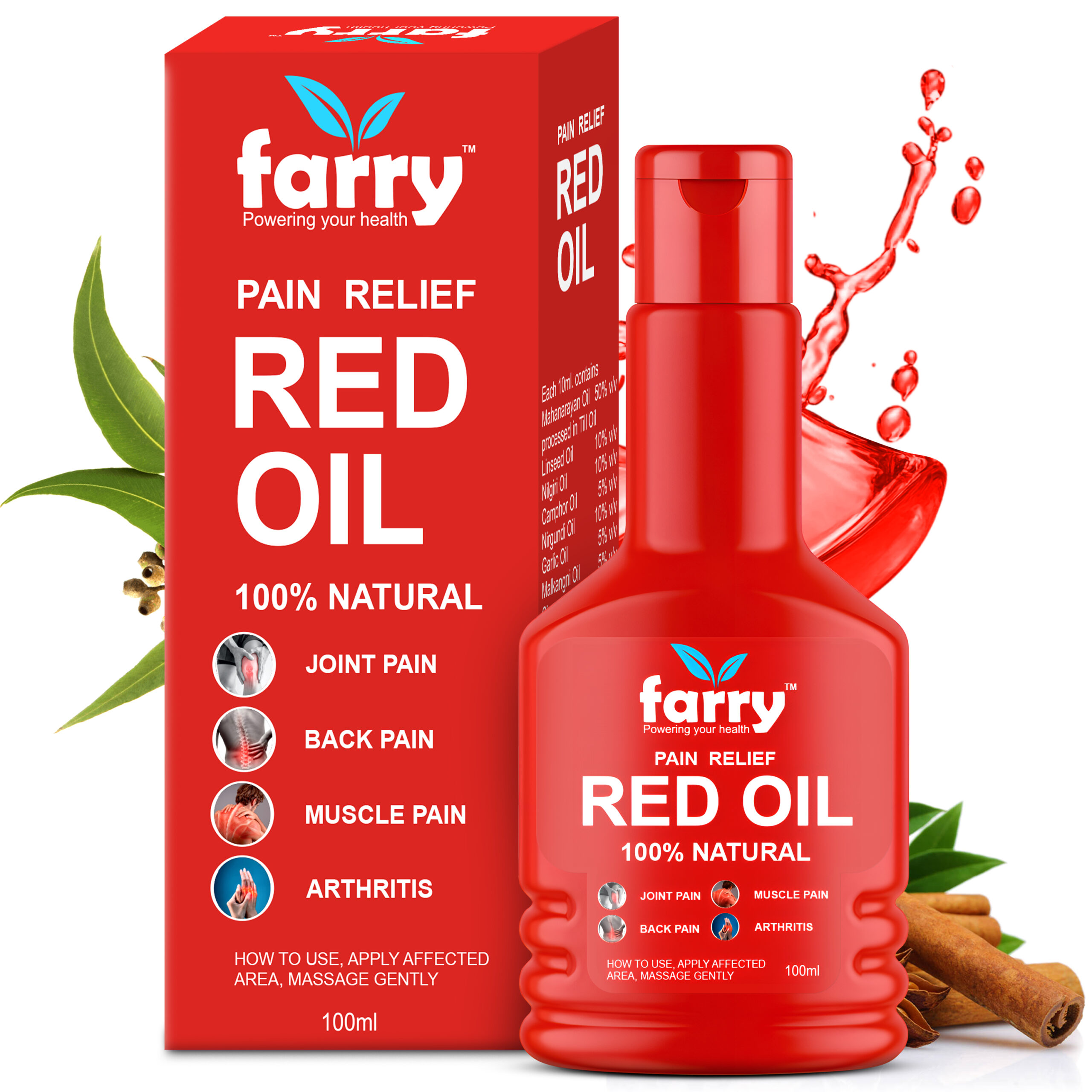Farry Red Oil for Pain Relief | 100% Natural Ayurvedic Oil for Joint Pain, Muscle Pain, Back Pain & Arthritis | 100ml