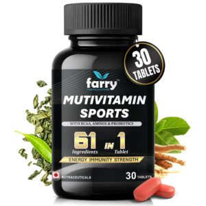 Farry Multivitamin Sports for Men & Women | 61-in-1 Supplement with BCAA, Aminos, Probiotics, Ashwagandha, Ginseng & Green Tea | Energy, Immunity & Strength Boost | 30 Tablets
