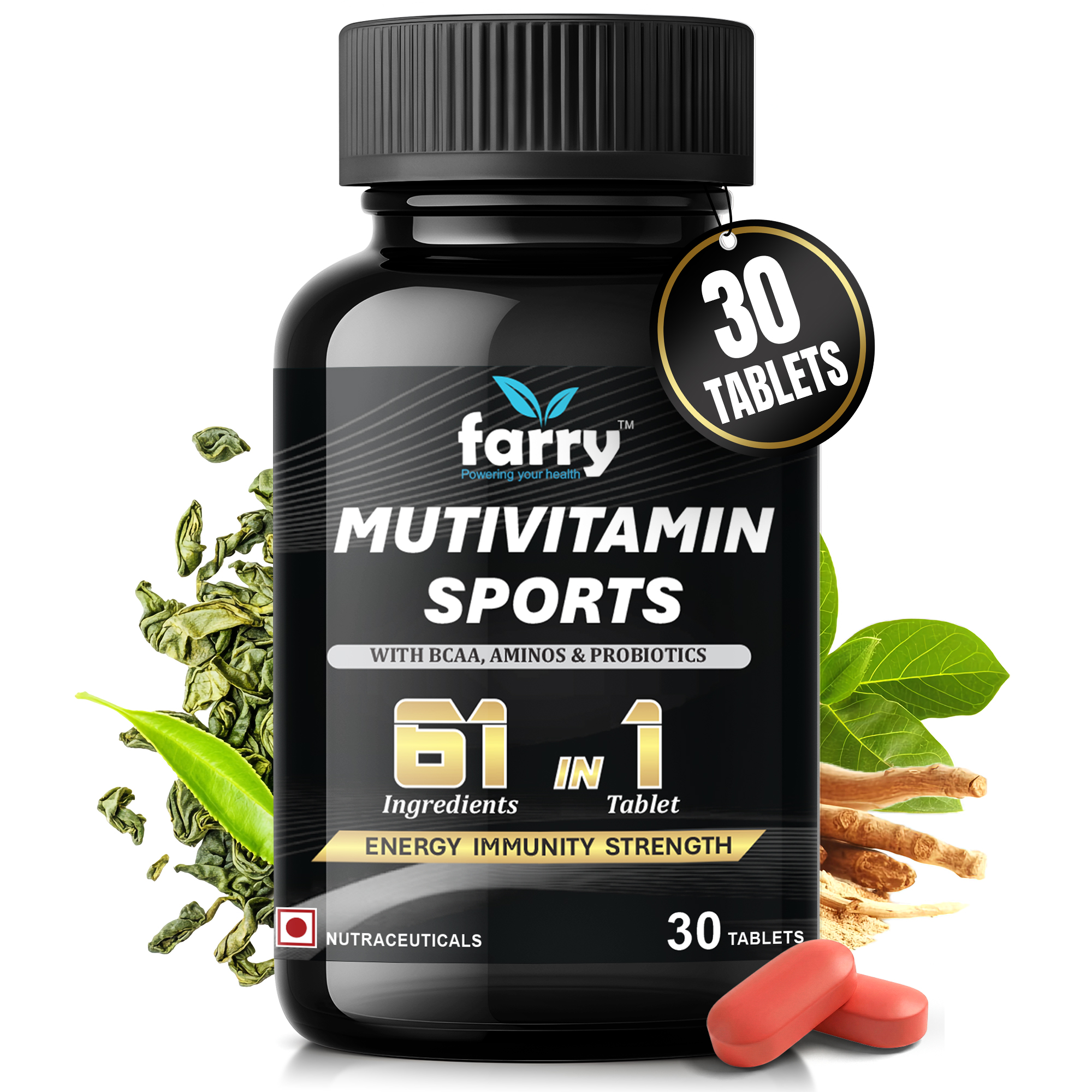 Farry Multivitamin Sports for Men & Women | 61-in-1 Supplement with BCAA, Aminos, Probiotics, Ashwagandha, Ginseng & Green Tea | Energy, Immunity & Strength Boost | 30 Tablets