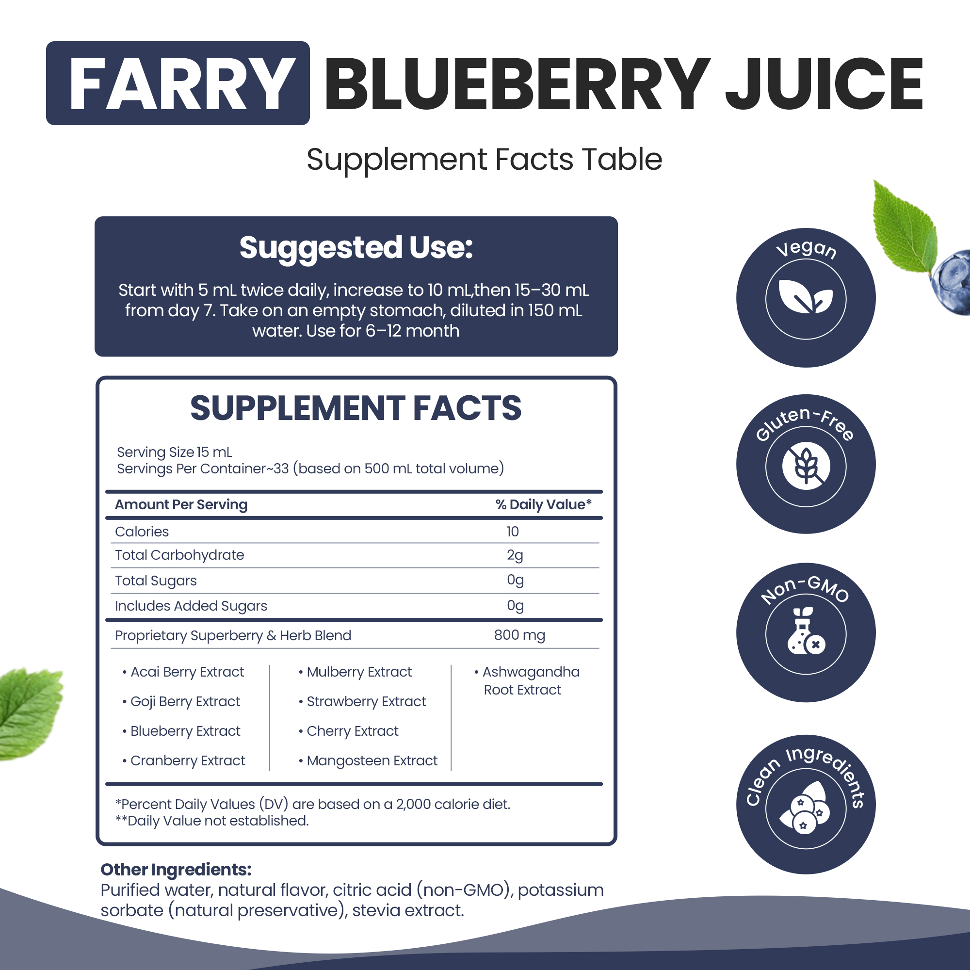 Farry Blueberry Juice – 500ml | Sugar-Free Antioxidant Supplement | Boosts Immunity, Heart & Skin Health