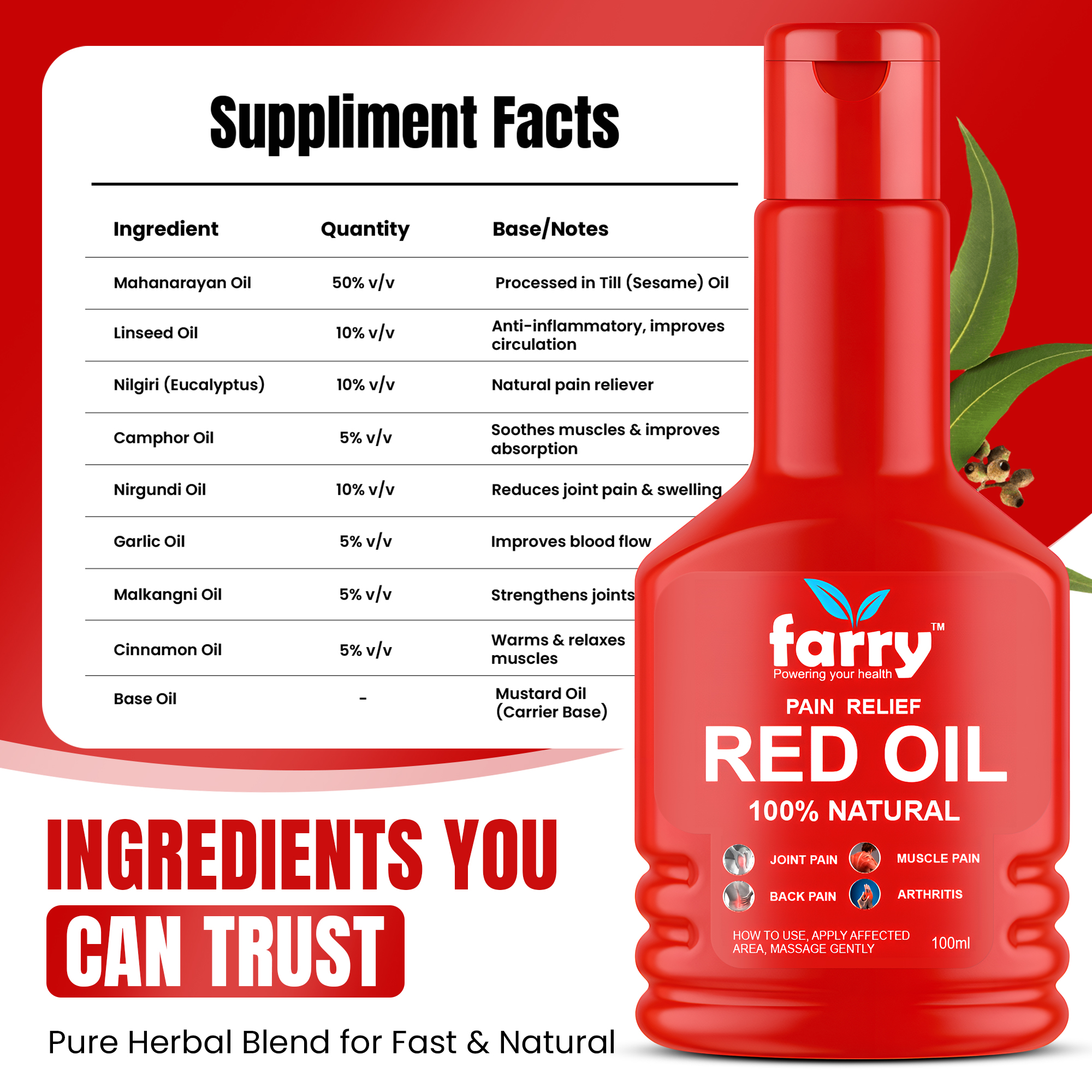 Farry Pain Relief Combo | Tablets (60) + Red Oil (100ml) | Ayurvedic Support for Joint Pain, Muscle Stiffness & Back Discomfort | 100% Natural Herbal Formula