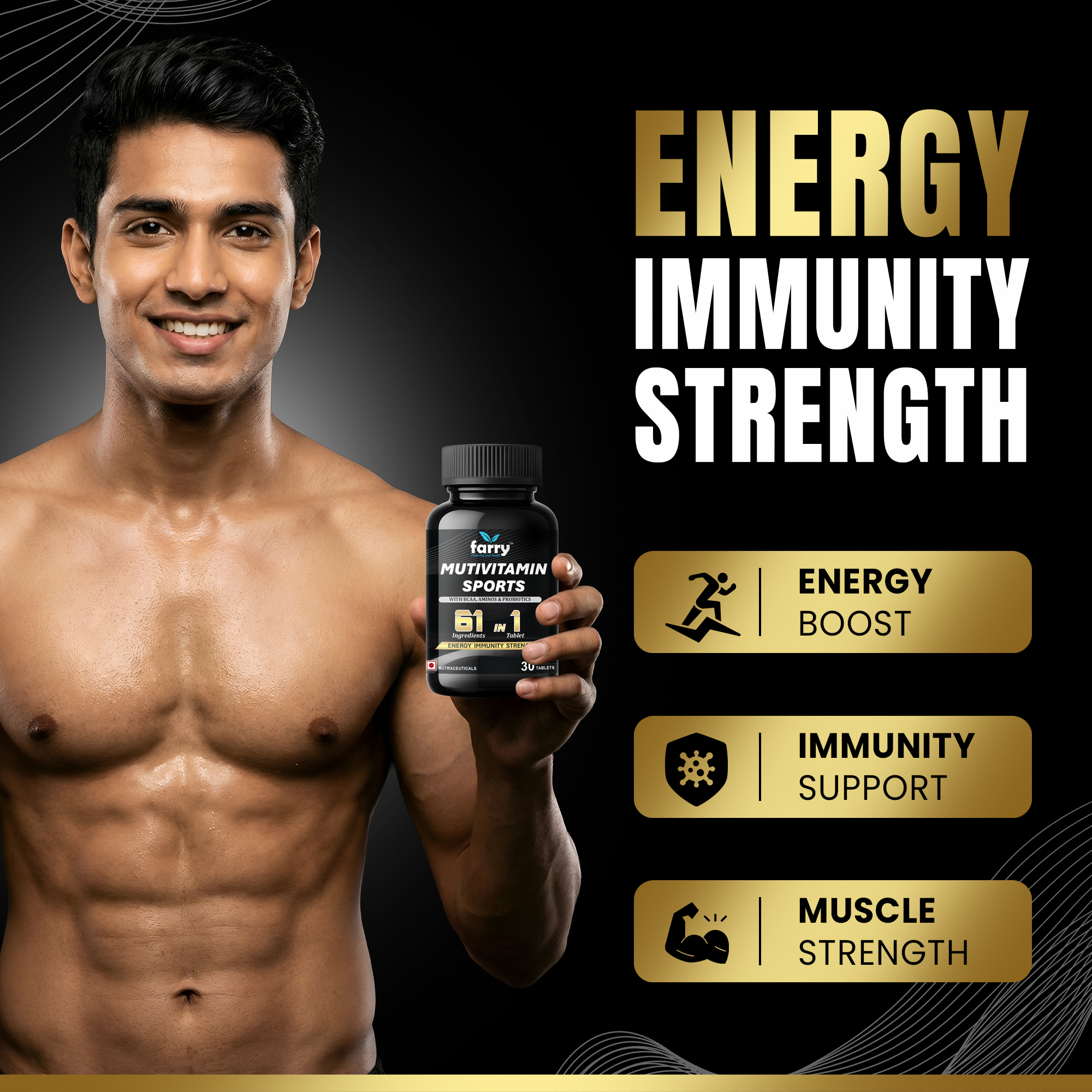 Farry Multivitamin Sports for Men & Women | 61-in-1 Supplement with BCAA, Aminos, Probiotics, Ashwagandha, Ginseng & Green Tea | Energy, Immunity & Strength Boost | 30 Tablets