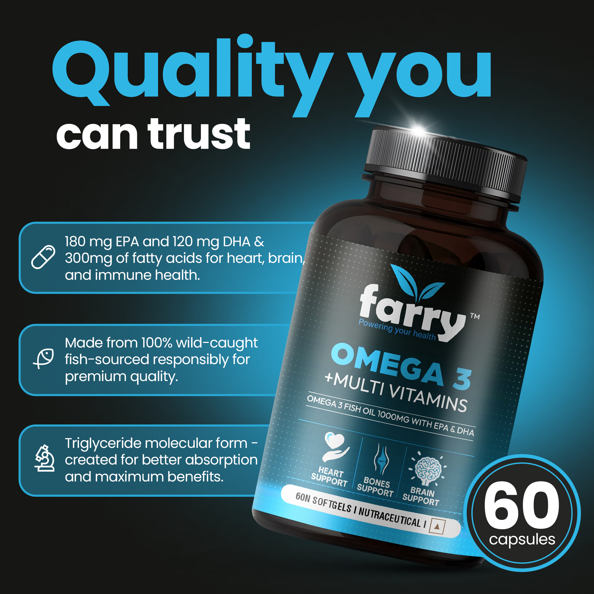 Farry Omega-3 Fish Oil 1000mg with Multivitamins – EPA 180mg, DHA 120mg, 29 Essential Vitamins & Minerals, Ashwagandha – Supports Heart, Bone, Brain & Immune Health – 60 Softgels'