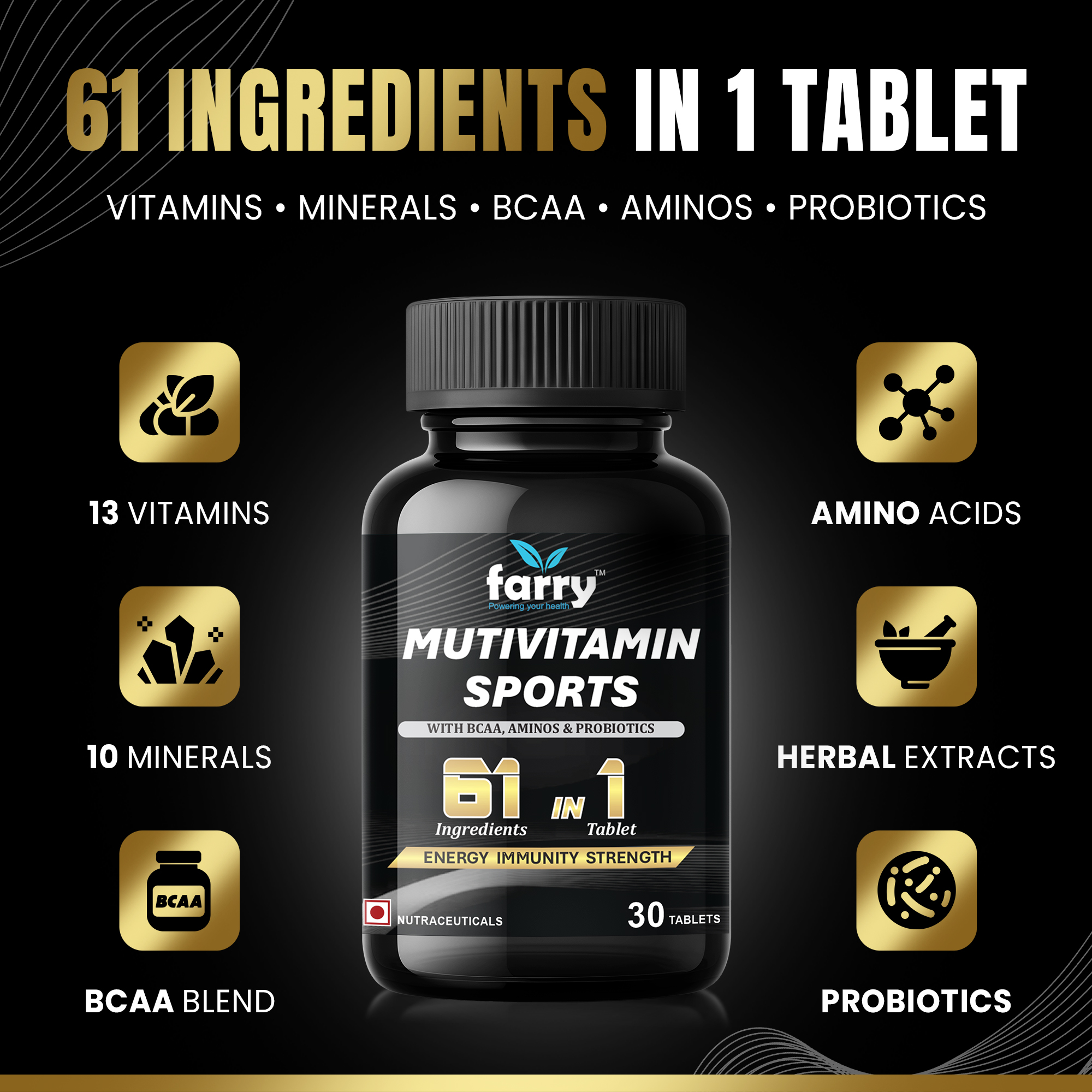 Farry Multivitamin Sports for Men & Women | 61-in-1 Supplement with BCAA, Aminos, Probiotics, Ashwagandha, Ginseng & Green Tea | Energy, Immunity & Strength Boost | 30 Tablets
