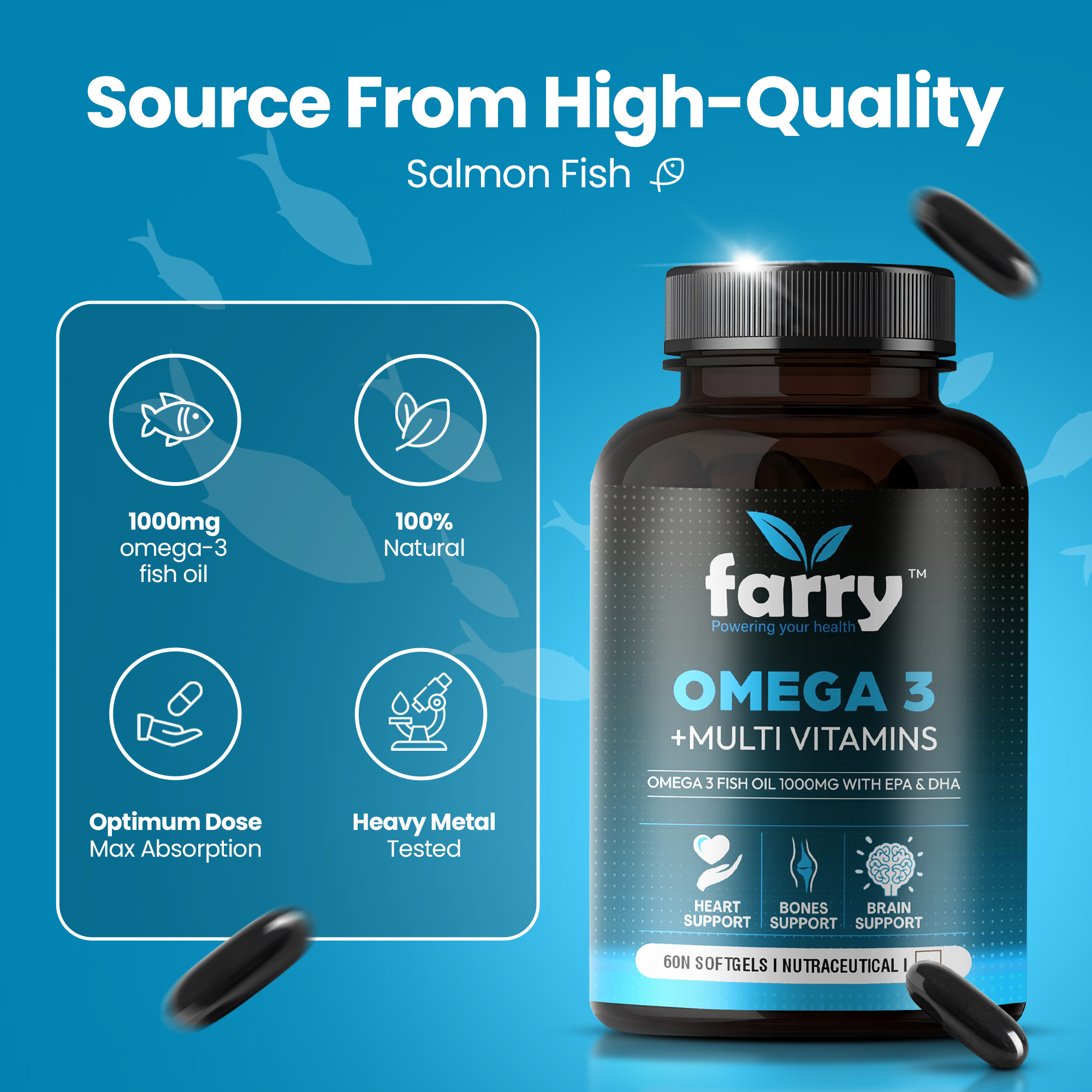 Farry Omega 3 Fish Oil 1000mg with Multivitamins + Multivitamin Sports Tablets Combo | Supports Heart & Brain Health, Boosts Energy, Immunity & Strength | Complete Daily Nutrition Pack