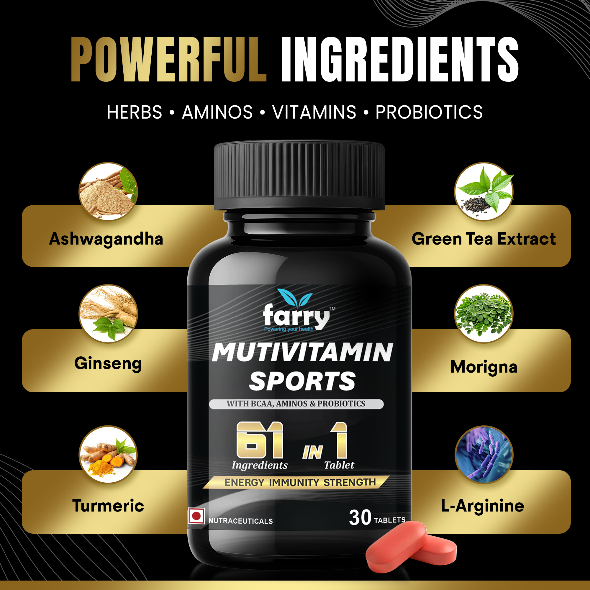Farry Multivitamin Sports for Men & Women | 61-in-1 Supplement with BCAA, Aminos, Probiotics, Ashwagandha, Ginseng & Green Tea | Energy, Immunity & Strength Boost | 30 Tablets