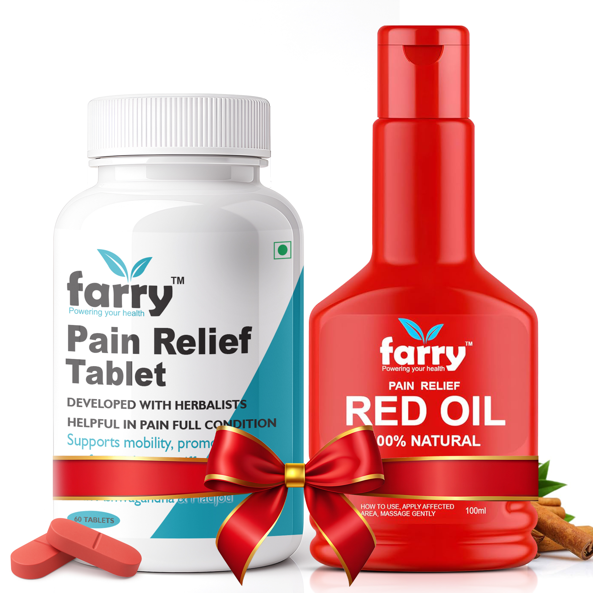 Farry Pain Relief Combo | Tablets (60) + Red Oil (100ml) | Ayurvedic Support for Joint Pain, Muscle Stiffness & Back Discomfort | 100% Natural Herbal Formula