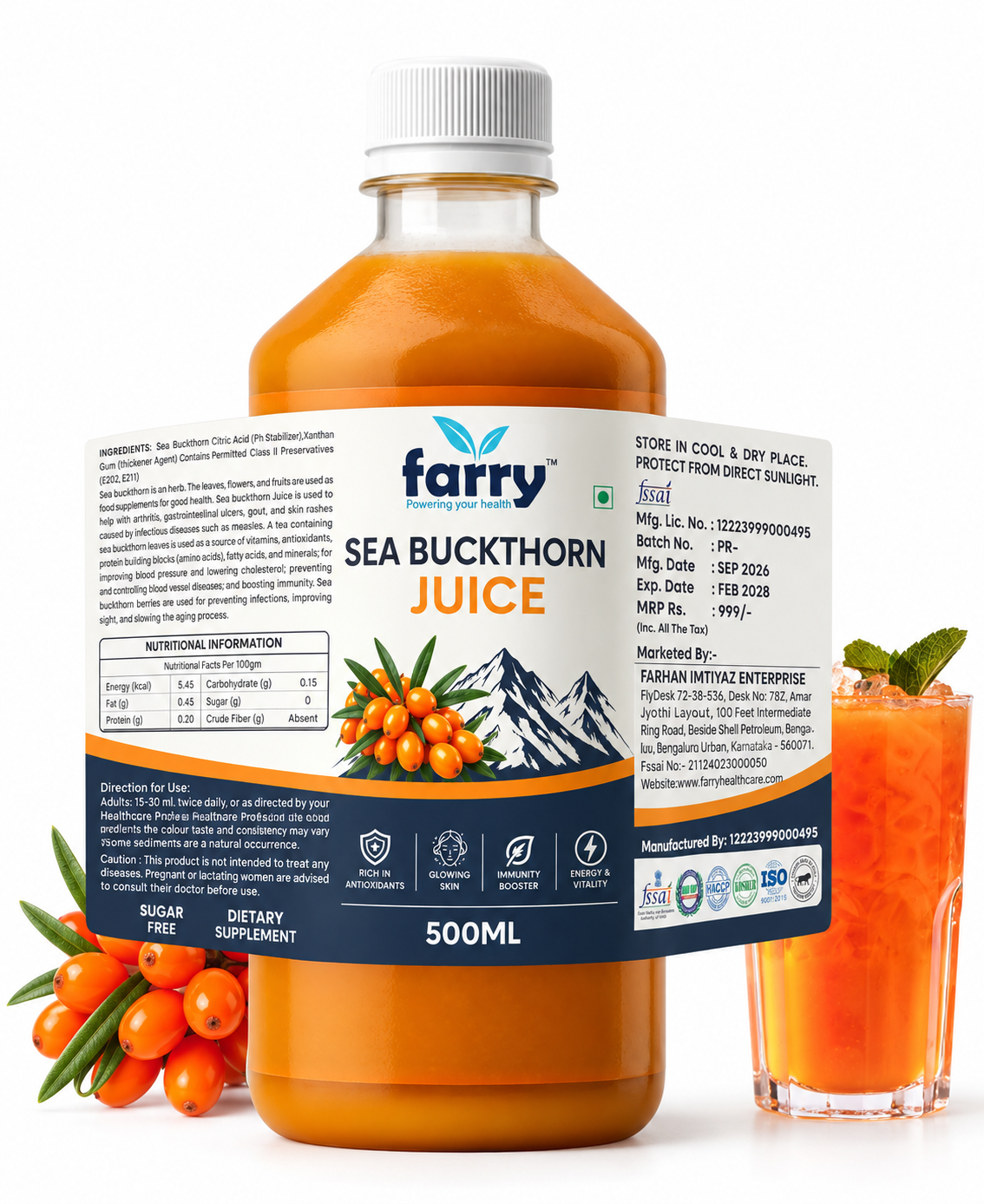 Farry Himalayan Sea Buckthorn Juice 500ml | Natural Sea Buckthorn Berry Juice | Rich in Antioxidants, Vitamins & Minerals | Supports Immunity, Skin, Vision & Overall Wellness