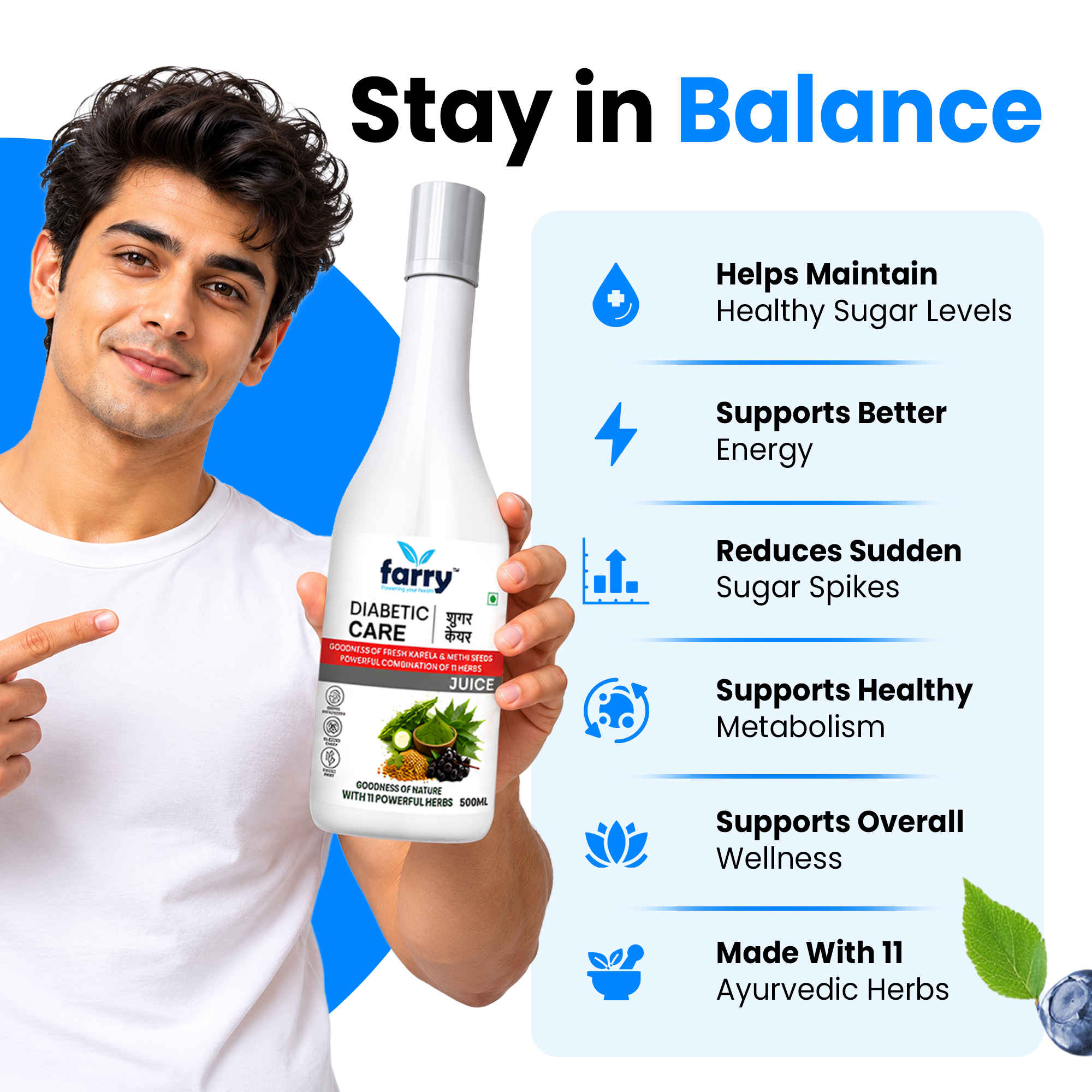 Farry Diabetic Care Juice 500ml | Karela Bitter Melon & Methi Fenugreek Herbal Juice | 11 Ayurvedic Herbs Blend | No Added Sugar | Herbal Wellness Drink for Daily Routine