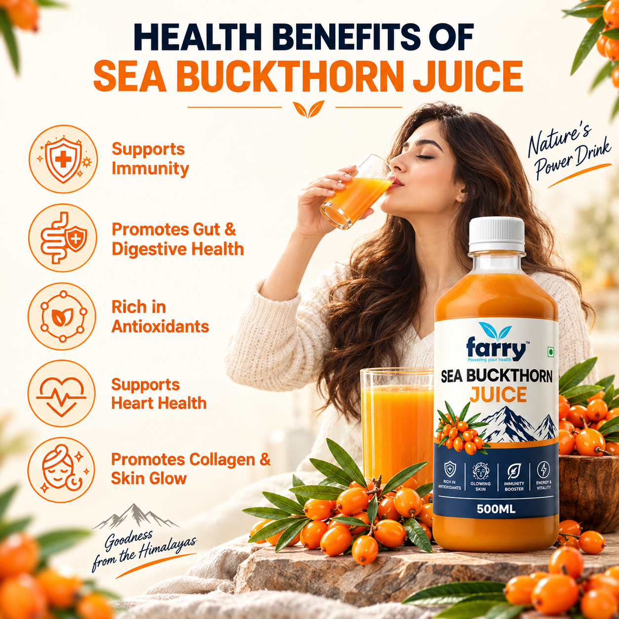 Farry Himalayan Sea Buckthorn Juice 500ml | Natural Sea Buckthorn Berry Juice | Rich in Antioxidants, Vitamins & Minerals | Supports Immunity, Skin, Vision & Overall Wellness