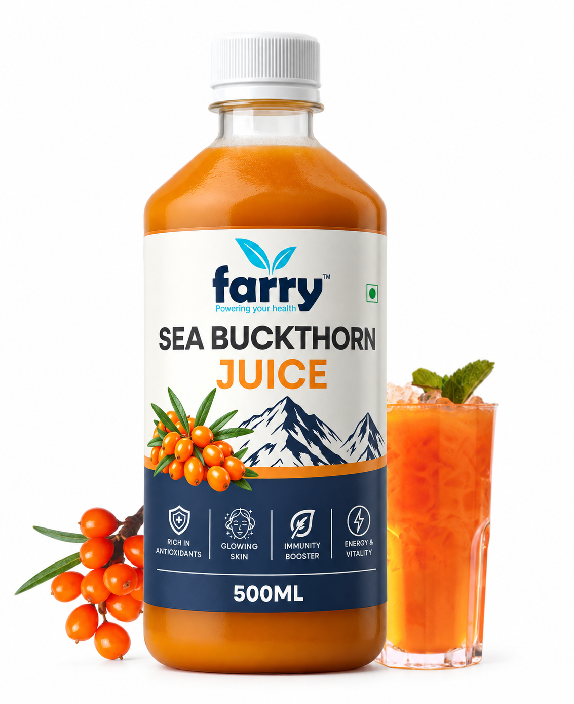 Farry Himalayan Sea Buckthorn Juice 500ml | Natural Sea Buckthorn Berry Juice | Rich in Antioxidants, Vitamins & Minerals | Supports Immunity, Skin, Vision & Overall Wellness