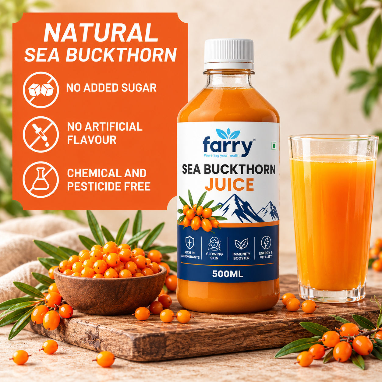 Farry Himalayan Sea Buckthorn Juice 500ml | Natural Sea Buckthorn Berry Juice | Rich in Antioxidants, Vitamins & Minerals | Supports Immunity, Skin, Vision & Overall Wellness