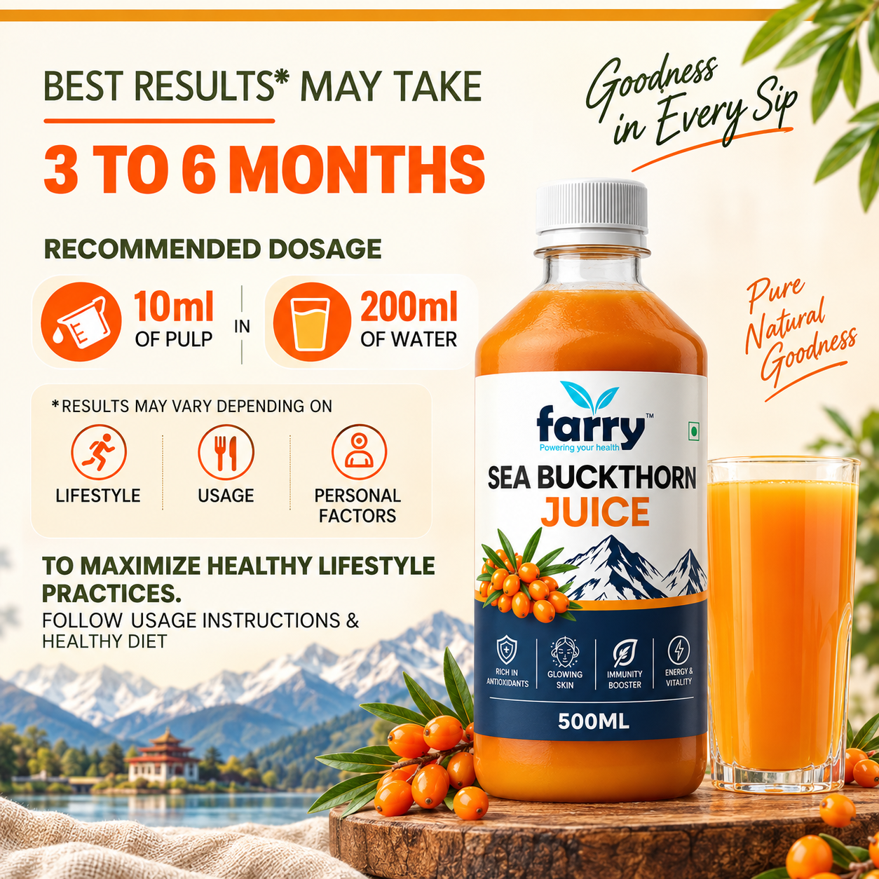 Farry Himalayan Sea Buckthorn Juice 500ml | Natural Sea Buckthorn Berry Juice | Rich in Antioxidants, Vitamins & Minerals | Supports Immunity, Skin, Vision & Overall Wellness