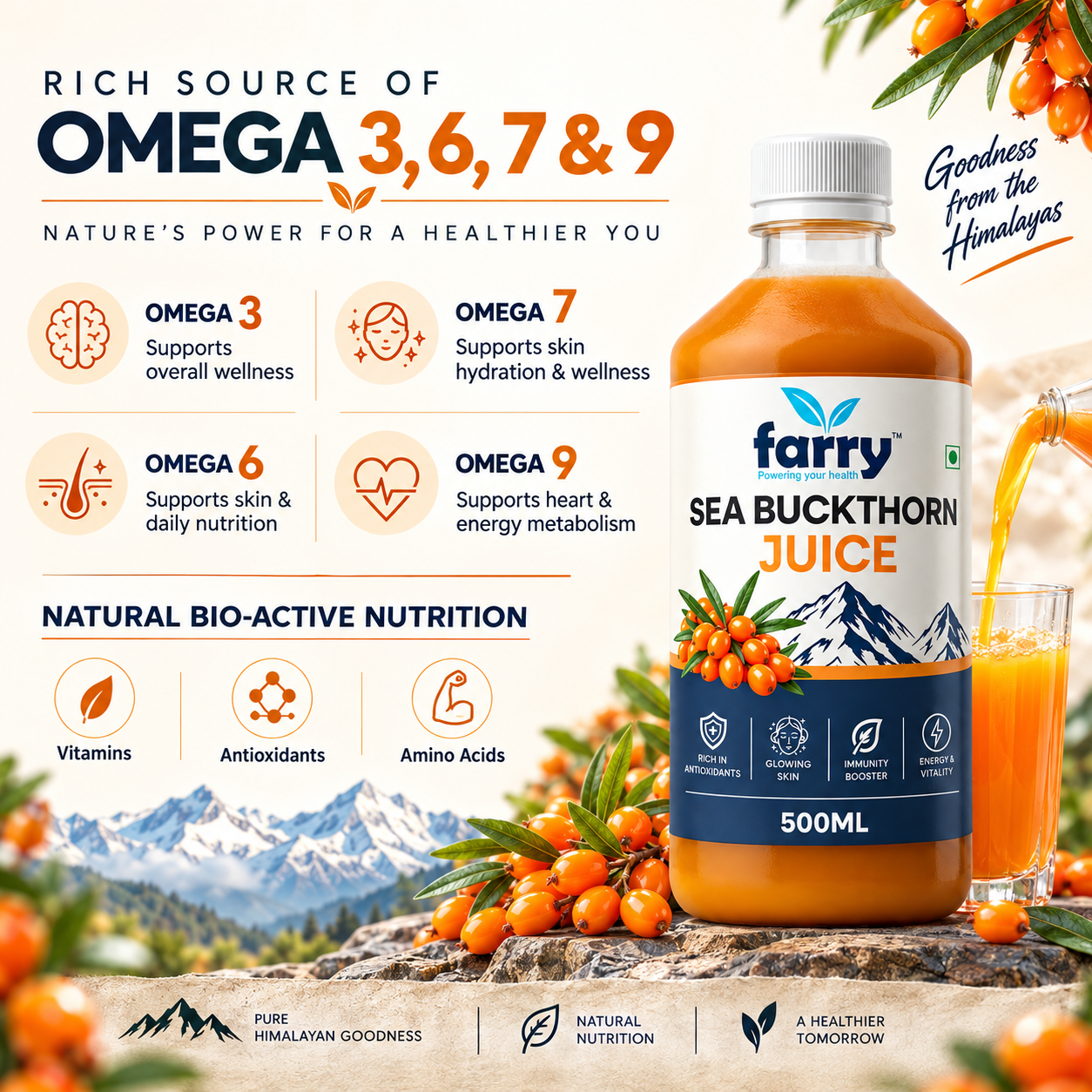Farry Himalayan Sea Buckthorn Juice 500ml | Natural Sea Buckthorn Berry Juice | Rich in Antioxidants, Vitamins & Minerals | Supports Immunity, Skin, Vision & Overall Wellness